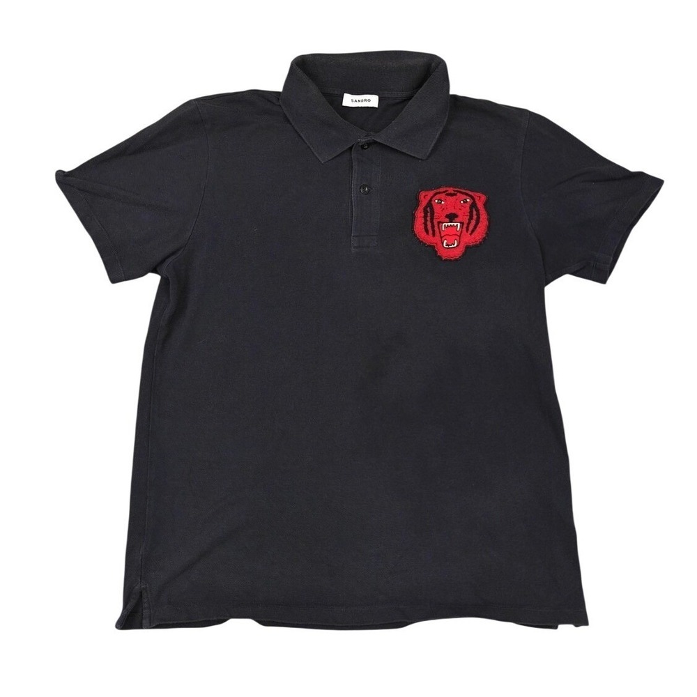 Sandro‎ Polo Shirt Mens Small Black Red Tiger Chenile Patch Embroidered Logo